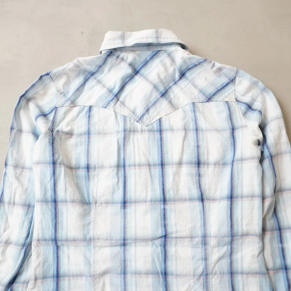 True Religion Western Pearl Snap Shirt Medium Mens Blue White Plaid Cowboy Yoke